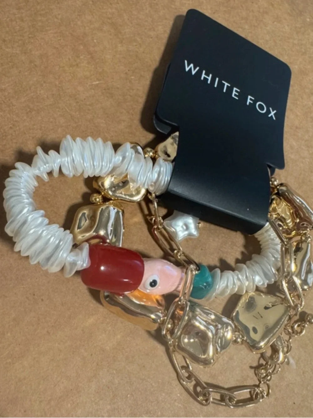 White Fox Boutique Multi-Chain Bracelet in Gold, White & Red